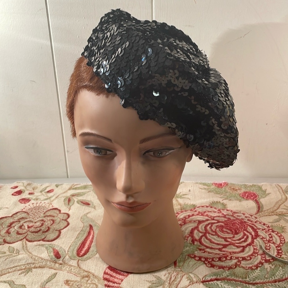 Vintage Black Sequin Beret/Tam